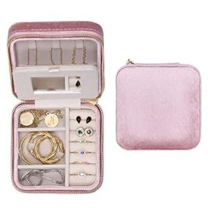 Travel Jewelry Box Organizer Velvet Travel Case With Mirror (Light Pink & Gold)